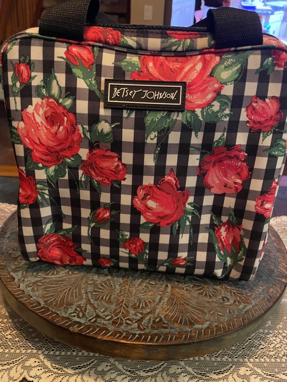 Betsey Johnson Black & White Gingham Tote with Red Rose Print